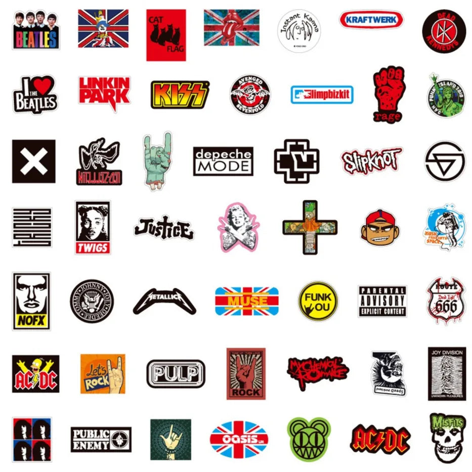 100 Rock And Roll Music Band Stickers Punk Graffiti Stickers For Laptop Guitar Helmet Luggage Decal Golden Memory Stickers Store