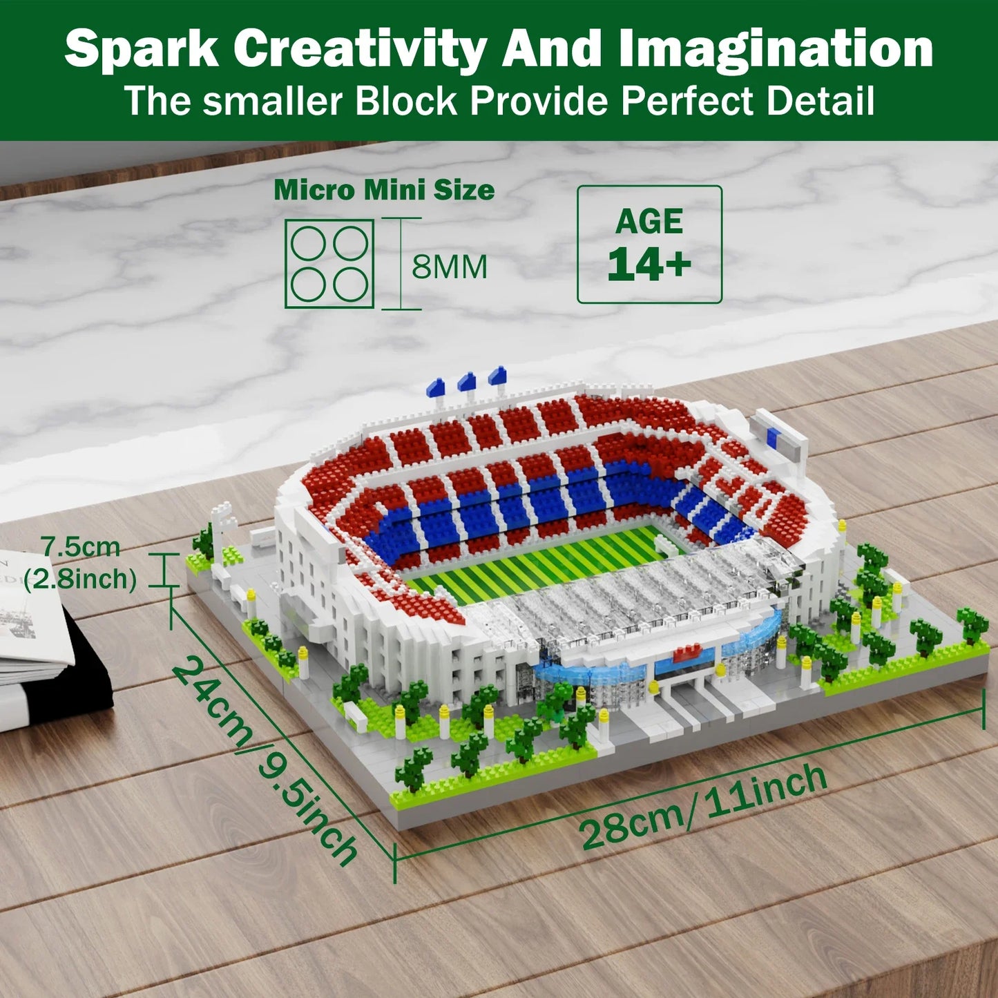 Knew Built Madrid Soccer Stadium with Soccer Ball Micro Blocks, Building Toys, Experience the Joy of Footballive, Good Deco Gift