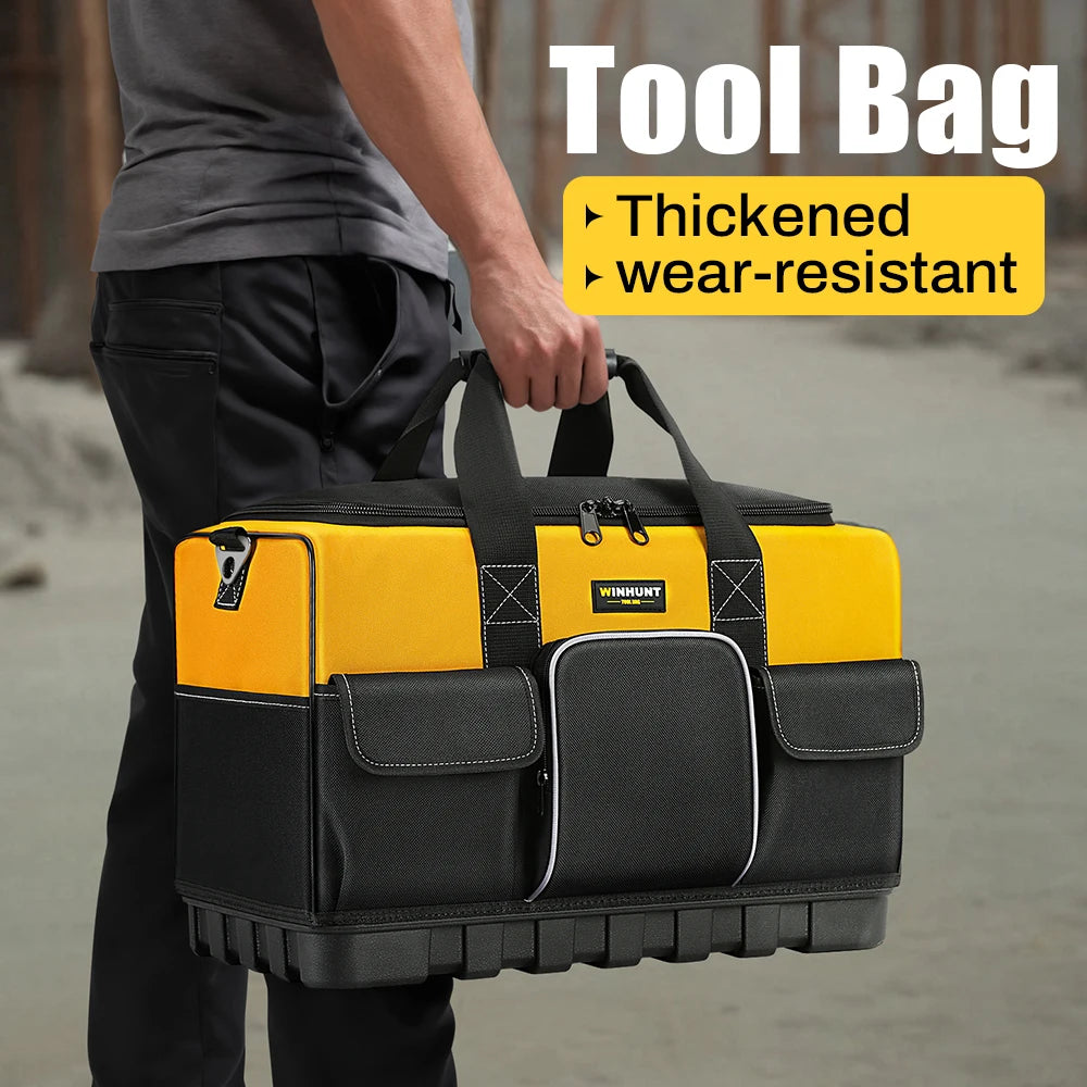WINHUNT Heavy-Duty Tool Bag with Wide Mouth & Molded Bottom - Adjustable Shoulder Strap, Durable Polyester, Yellow/Black