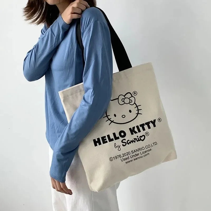 New Hello Kitty Canvas Handbag Shoulder Bag Girl Cute Large Capacity Storage Bag Fashion Tote Shopping Bag Girl Christmas  Gift