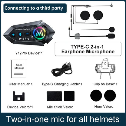 Y12 Pro Dual Mic Motorcycle Helmet Intercom Headset Wireless Hands-free Call Waterproof Music Player Speaker FM Radio Earphone