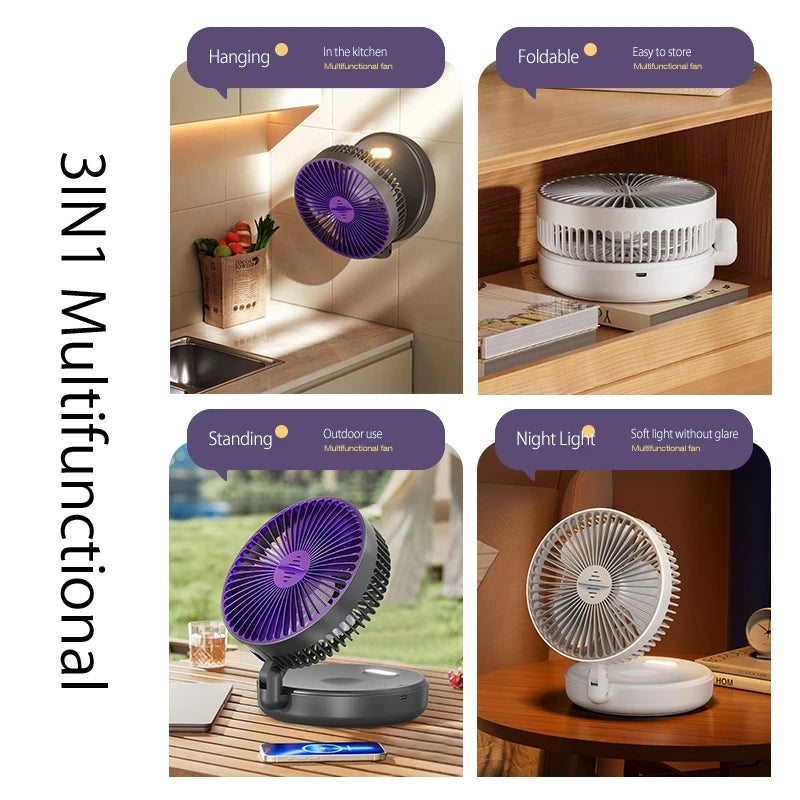 2024 New Rechargeable 3IN1 Multifunctional Portable Fan Wall Mounted Fan 90° Folding Fan 4 Gears With Warm Night Light