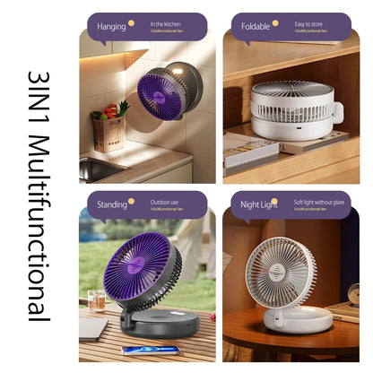 2024 New Rechargeable 3IN1 Multifunctional Portable Fan Wall Mounted Fan 90° Folding Fan 4 Gears With Warm Night Light
