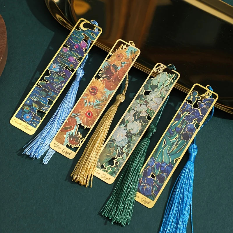 Vintage Oil Painting Metal Bookmarks - Hollow Hot Stamping Long Tassel Bookmarks - Stationery Gifts for Book Clubs, Book Lovers,