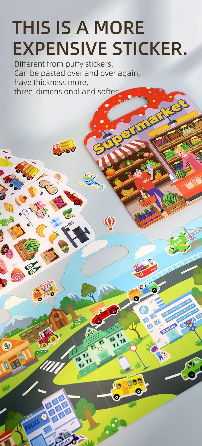 1 Book Jelly Sticker Book Quiet Book DIY Fun for Children's Scene Stickers Repeatedly Paste Puzzle Sticker Book