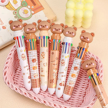 10 Colors Ballpoint Pen Cartoon Bear 0.5mm Colorful Ink Gel Pens Silicone Kawaii Pens School Office Supplies Korean Stationery