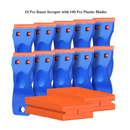 Plastic Razor Blade Scraper with 100 Pcs Plastic Blades Window Cleaning Scraper for Removal Glue Labels Sticker on Car Glass