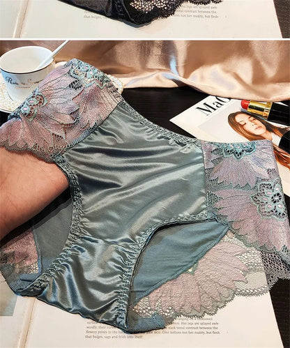 New Women Lace Flowers Panties Sexy Hollow Temptation Silk Breathable Underwear Tummy Mid Waist Butt Lift Briefs Intimate Panty