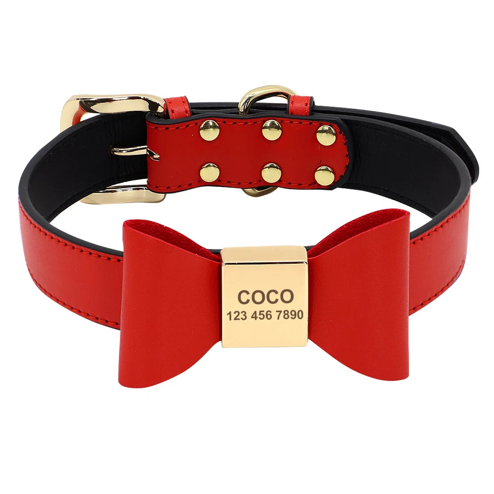 Custom PU Leather Dog Collar Soft Bowknot Pet Collars Engraved Name Puppy Cat Necklace Anti-lost for Small Medium Large Dogs Pug