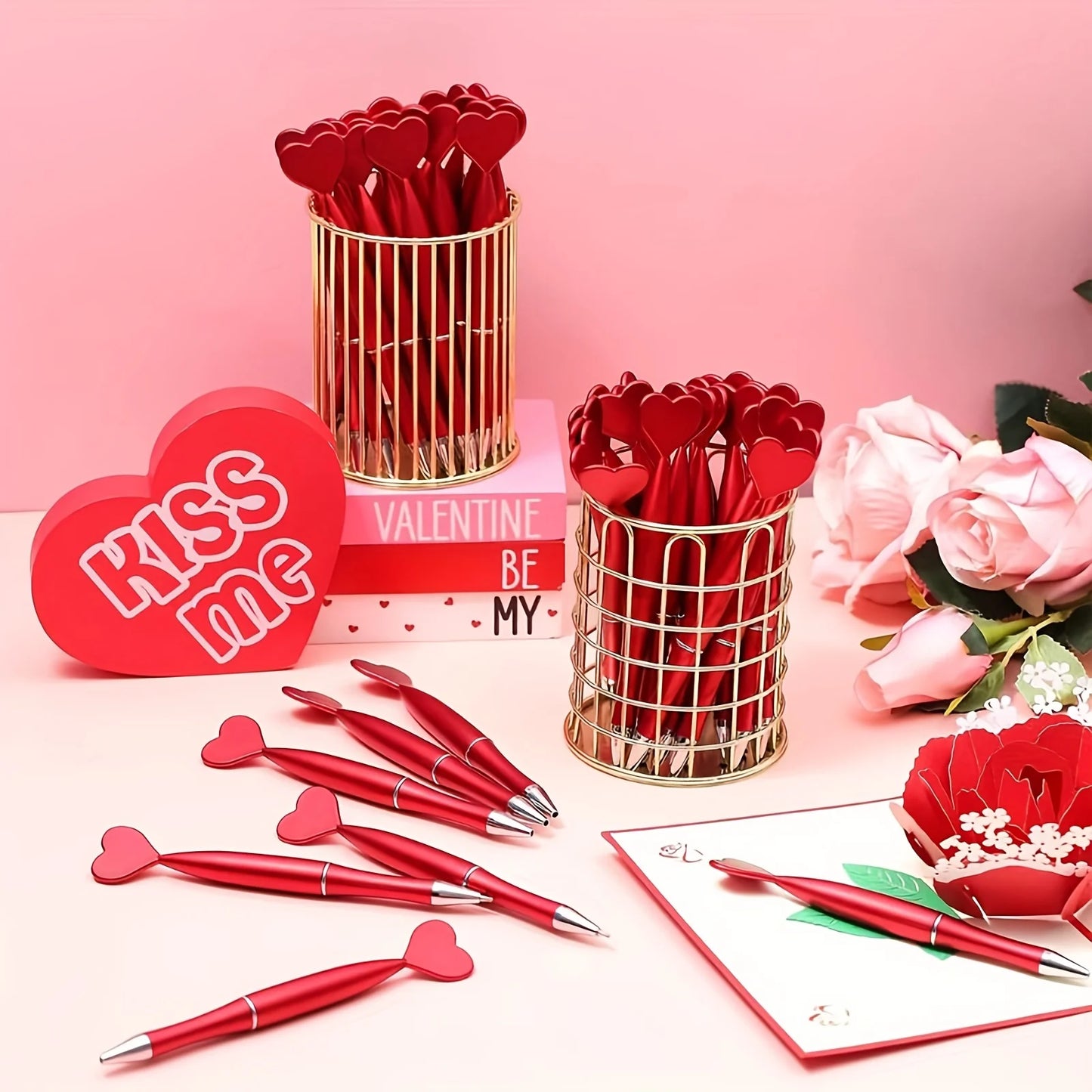 12pcs Valentine's Day Heart Shape Pens Black Gel Ink Rollerball Pens for Office School Supplies Gift Kids Ballpoint Pens