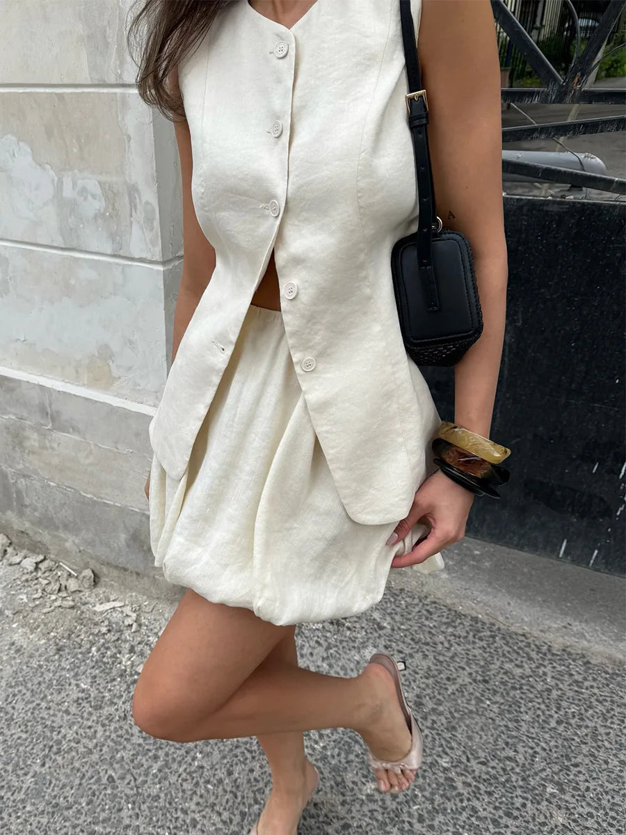 Bornladies Cotton Chic Casual Vest Mini Skirt Set Women's Fashion Commuter Sleeveless Tank Top Loose Shorts Suits Summer New