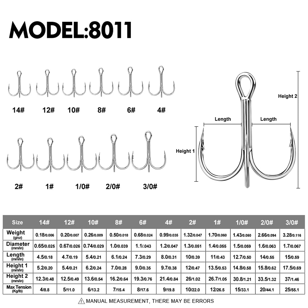 20pcs High Carbon Treble Hooks - Super Sharp, Solid Size 1#-14# Triple Barbed Steel Fishing Lure - Jigging Fishing Hook