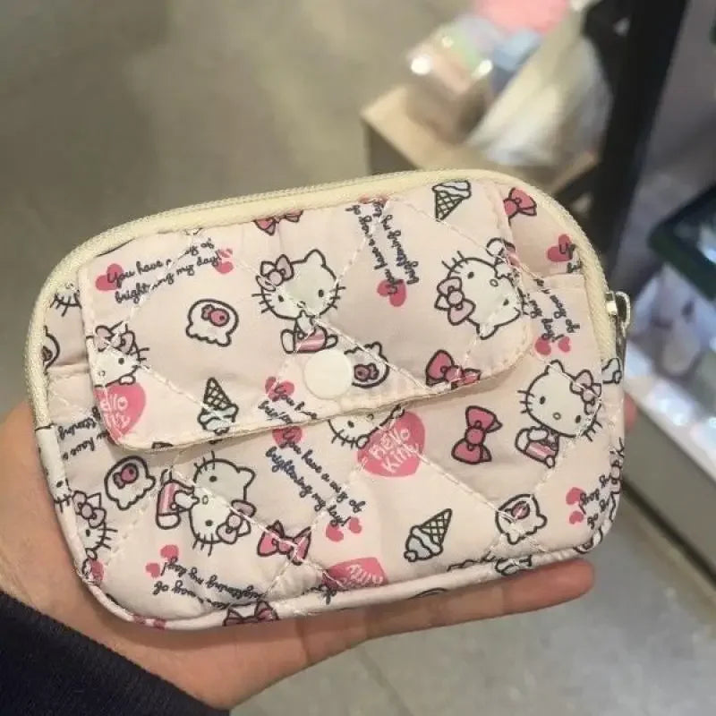 New Cute Sanrio Soft Cotton Embroidered Bow Zipper Women's Makeup Bag Cat Card Bag, Earphone Bag, Key Bag, CCD Storage Bag