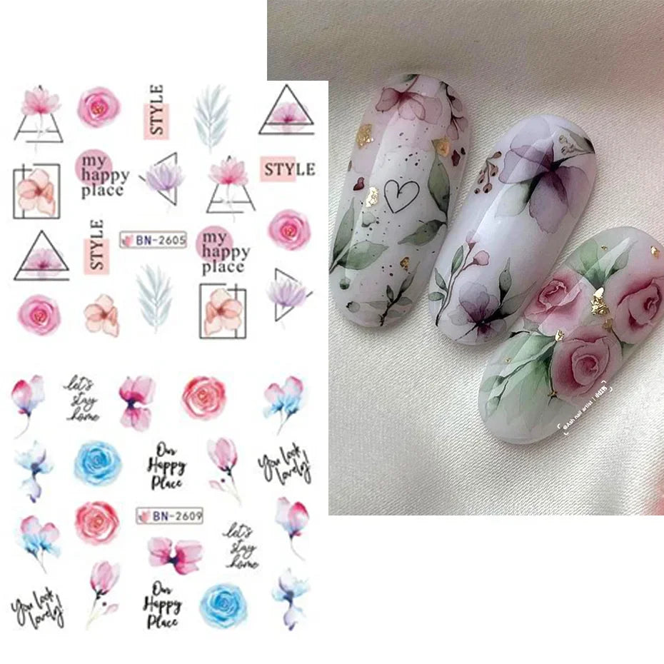 12 Pcs Summer Ink Blooming Flowers Nail Art Stickers, Water Decal Leaves Graffiti Slider Nail Decoration
