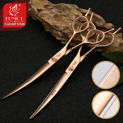 Fenice Professional 6.25/6.75 Inch Pet Curved Grooming Scissors serrated blade with saw Pet Scissors Shears for Dogs Cats JP440C