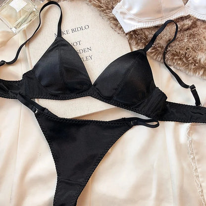 Summer Women Underwear Set Sexy Silken Triangle Cup Wireless Bras French Bralette Seamless Intimates Bra and Thong Lingerie Set