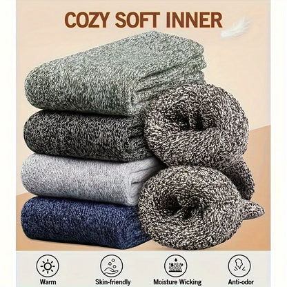 3/5 Pairs Men's Winter Warm Socks, Thick Towel Mid-Calf Socks, Anti-Cold Snow Boots Socks Elastic Solid Color