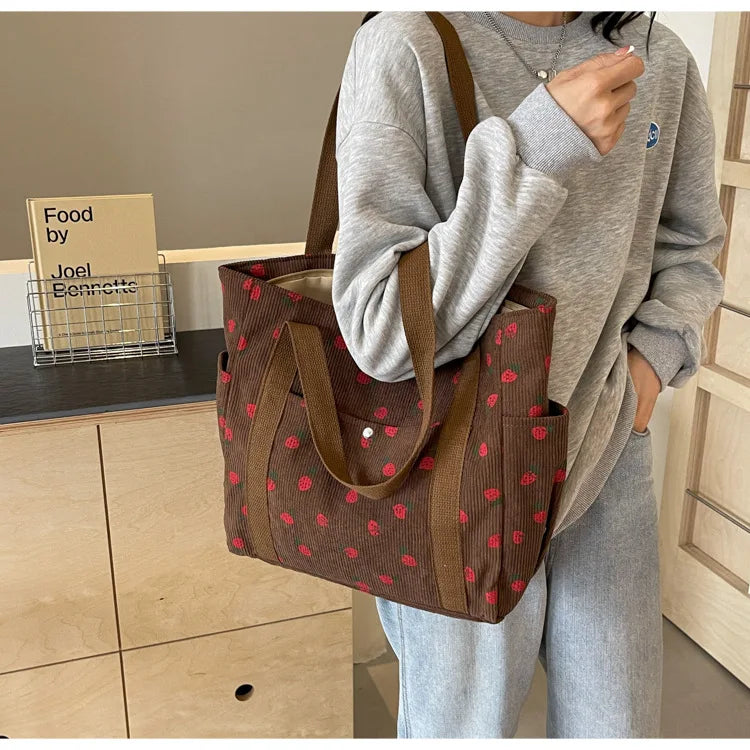 Fashion Corduroy Shoulder Bag for Women, Cute Printed Handbag, Casual Commuter & Shopping Purse, Trendy Underarm Bag