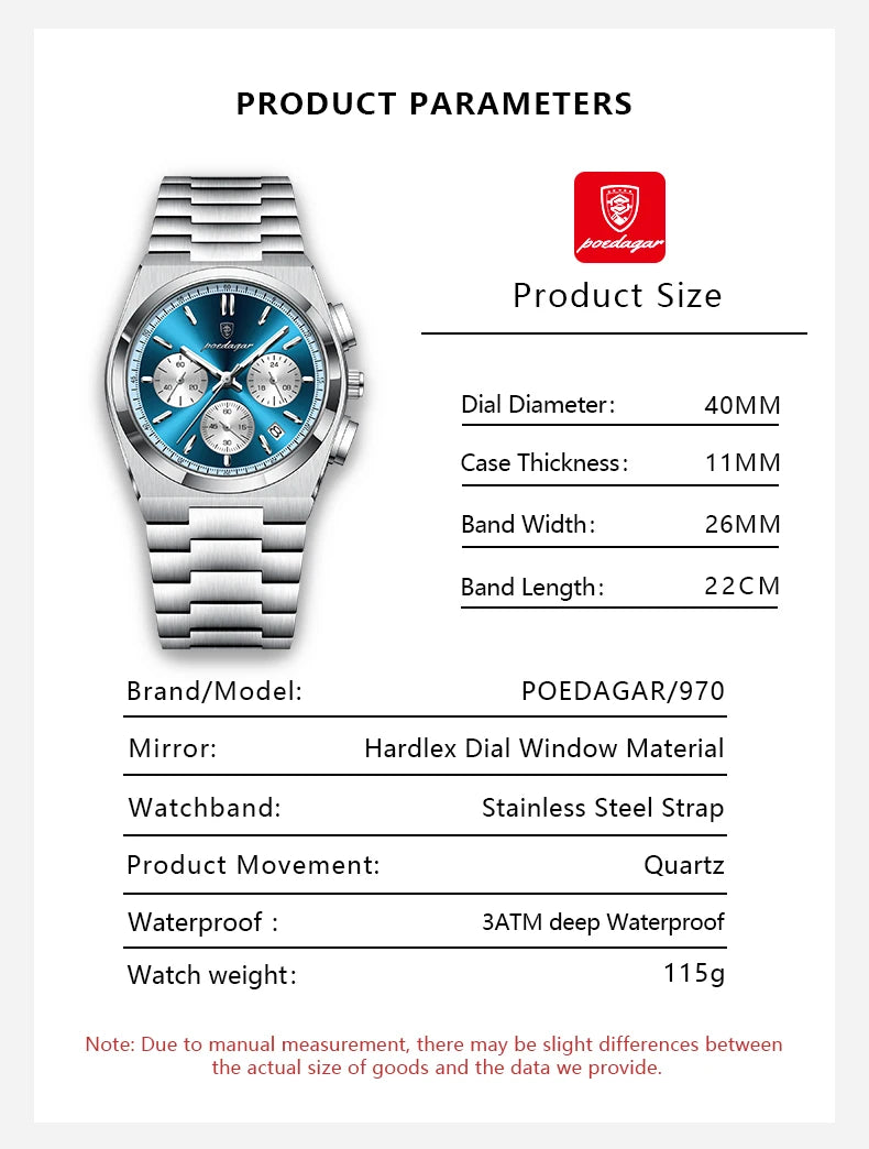POEDAGAR Fashion Man Watches Chronograph Date Stainless Steel Casual Men Wristwatch Waterproof Luminous Men's Quartz Watch Reloj
