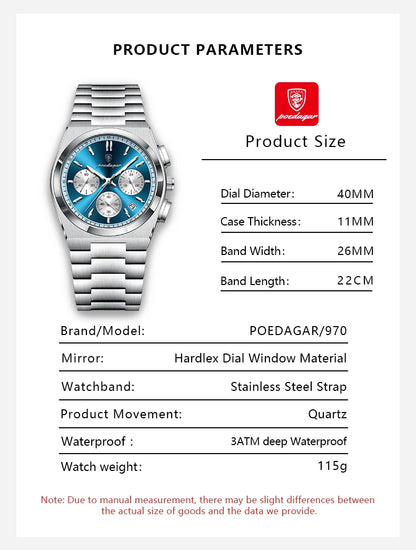 POEDAGAR Fashion Man Watches Chronograph Date Stainless Steel Casual Men Wristwatch Waterproof Luminous Men's Quartz Watch Reloj