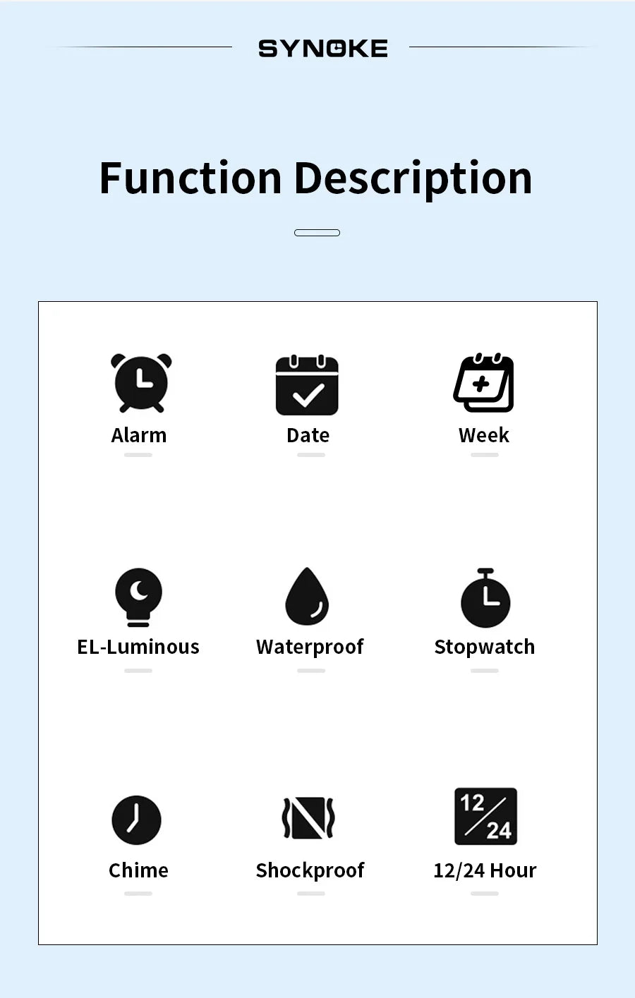 SYNOKE Men Rectangular Sports Electronic Watch Waterproof 50M Night Light Large Screen Alarm Clock Trend Retro Style