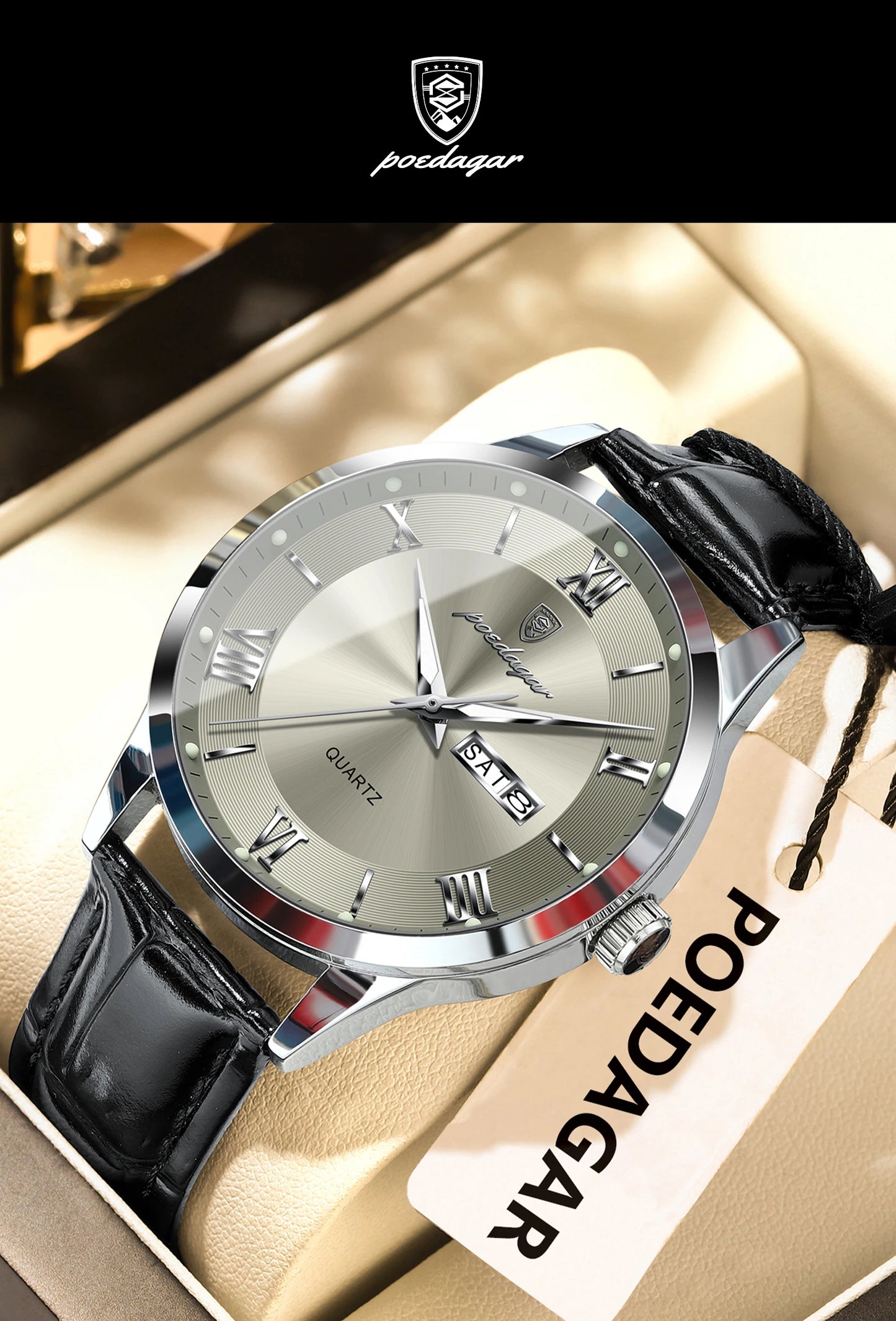 POEDAGAR Business Brand Men Clock Waterproof Luminous Date Week Fashion Man Wristwatch Leather Luxury Men's Quartz Watches Reloj