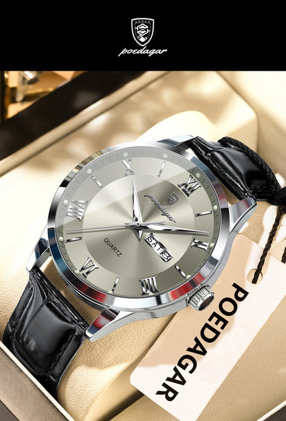 POEDAGAR Business Brand Men Clock Waterproof Luminous Date Week Fashion Man Wristwatch Leather Luxury Men's Quartz Watches Reloj