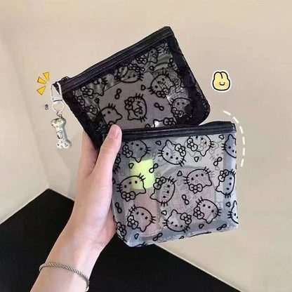 Transparent Mesh Hello Kitty Coin Purse Cartoon Style Fashionable, Simple Portable Makeup Bag Headphone Storage Bag Holiday Gift