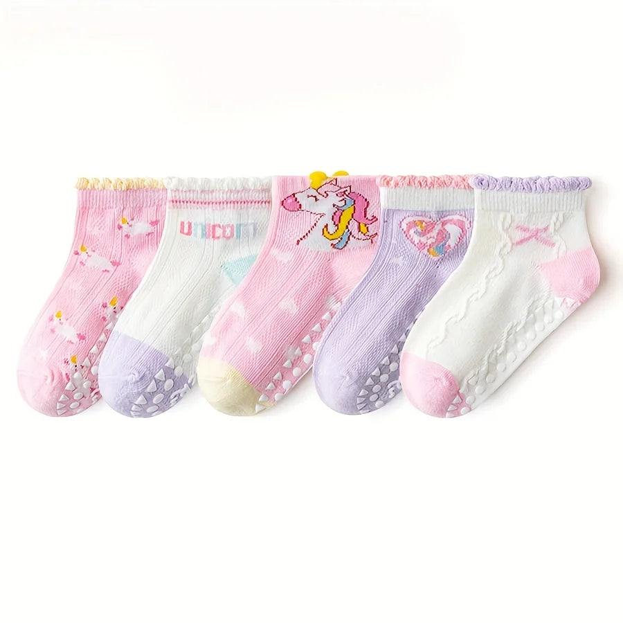 5 Pairs of Kidsren's Floor Socks with Lace Glue, Heart Unicorn Pattern, Boys and Girls, Baby Toddler Soft-Soled Shoes, Indoor Non-Slip Rainbow Pony Mid-Calf Socks, Suitable for Casual Daily Life