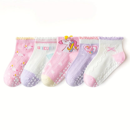 5 Pairs of Kidsren's Floor Socks with Lace Glue, Heart Unicorn Pattern, Boys and Girls, Baby Toddler Soft-Soled Shoes, Indoor Non-Slip Rainbow Pony Mid-Calf Socks, Suitable for Casual Daily Life