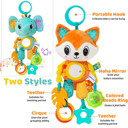 Soft Hanging Crinkle Squeaky Sensory LearningToy Stroller Car Seat Crib Travel Plush Animal Wind Chime with Teether Boys Girls