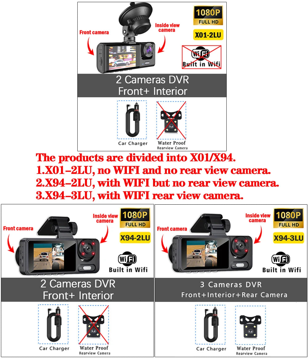 3 Channel Car Camera，Triple Lens WiFi Dashcam, 1080P HD Video Recorder, Night Vision, Car DVR with Wide Angle for Front and Rea