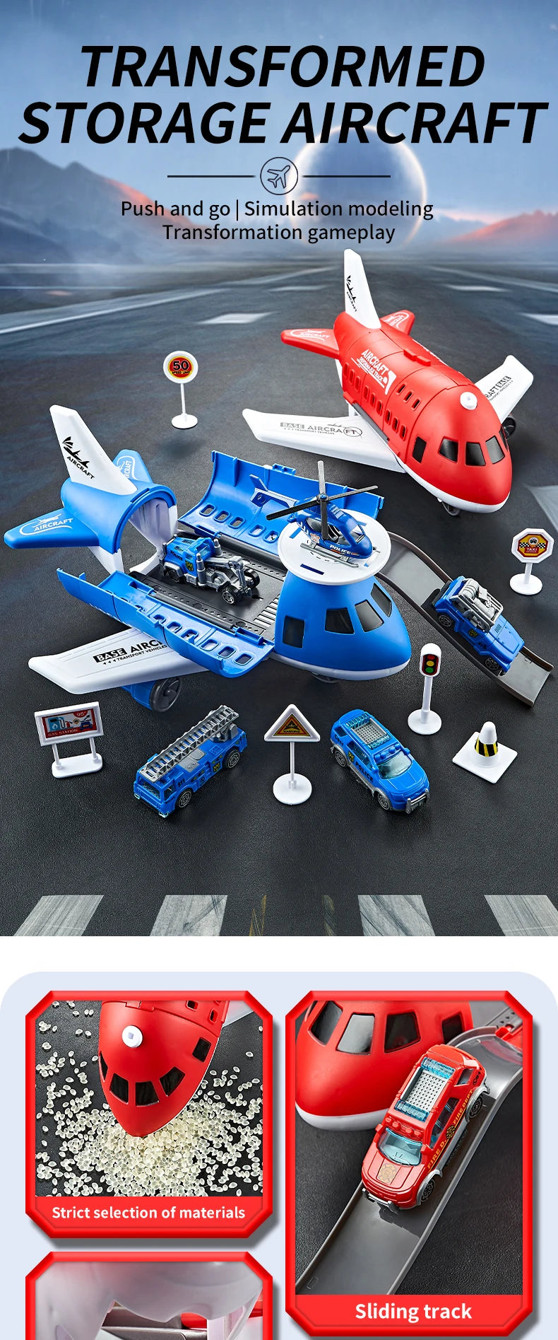 Children's Airplane Car Toy, Inertial Airplane Model, Equipped with 6 Road Signs Random 3 Cars 1 Helicopter, Christmas Gift