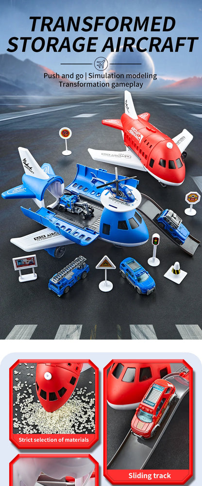 Children's Airplane Car Toy, Inertial Airplane Model, Equipped with 6 Road Signs Random 3 Cars 1 Helicopter, Christmas Gift