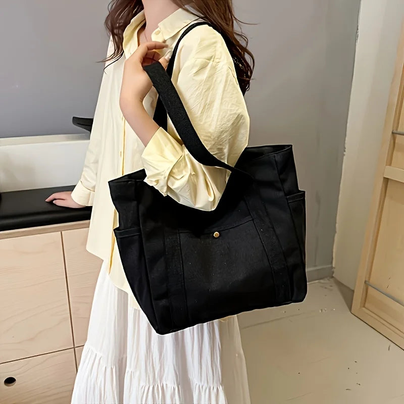 Stylish Large Capacity Canvas Tote Bag - Zipper Closure Durable Shoulder Straps Perfect for Commuting, College and Book Carrying