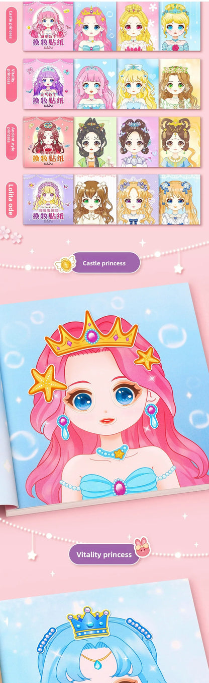 Stickers Book Handicrafts Creative Kids Stickers 15 Pages Toy Puzzle Reusable for Girls Cartoon Princess Make A Face Stickers