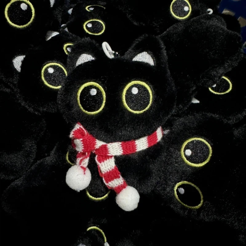 New Kawaii Big Eyes Cat Plush Doll With Scarf Black Cat Keychain Bag Pendant Cartoon Kitten Ornament Festival Gift For Friends