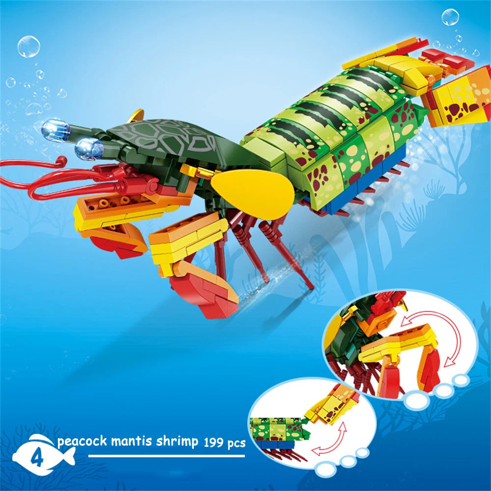 Knew Built Mantis Shrimp Ocean Animal Building Block Toy 199pcs Bricks, Includes 176pcs Shark, Ocpus Sea Creatures Gift for Kids