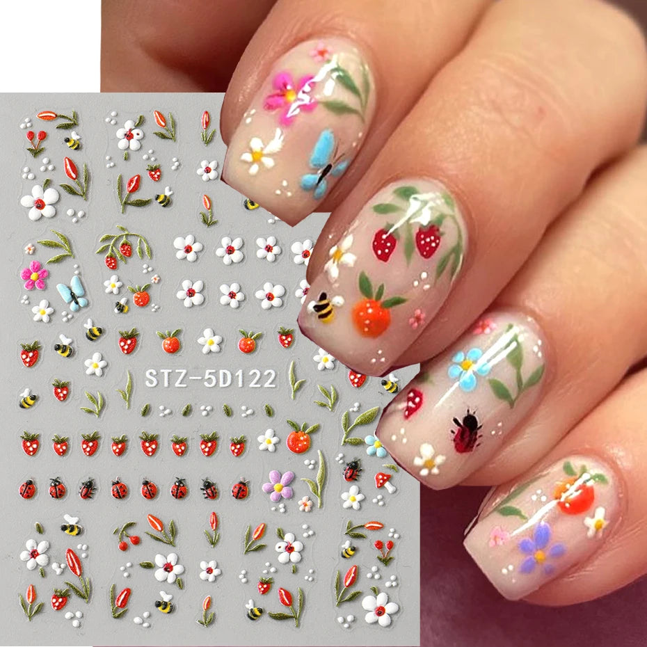5D Embossed Kawaii Ladybug Sliders Spring White Daisy Flowers Nail Stickers DIY Simple Petals Wedding Nails Decals Accesories