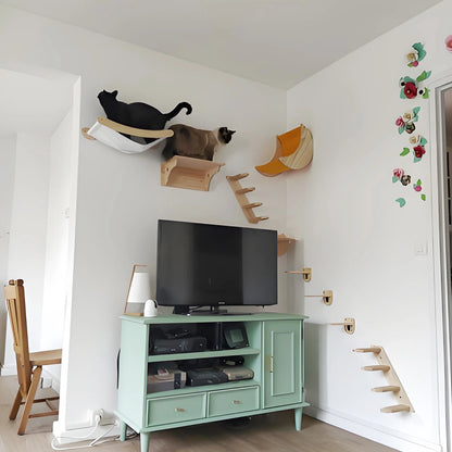 Cat Wall Hiding House Hammock Climbing Shelves Moon Perches Bed Ladder Solid Wood Steps For Activity Indoor Cats Wall Furniture