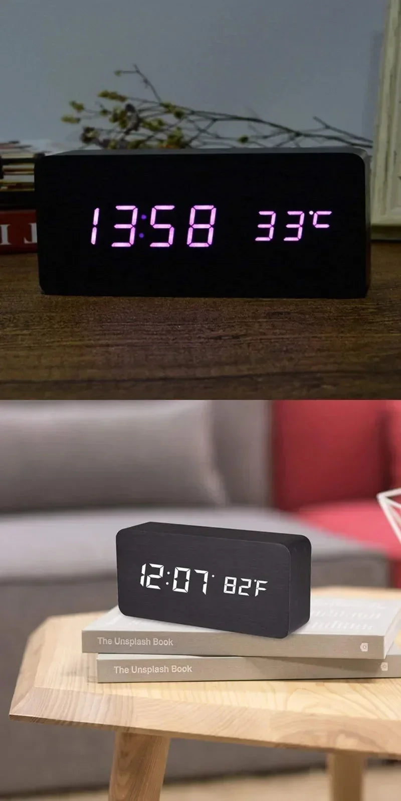 Digital Alarm Clock Wooden LED Table Clock with Temperature for Bedroom Office Travel Desk Decorations