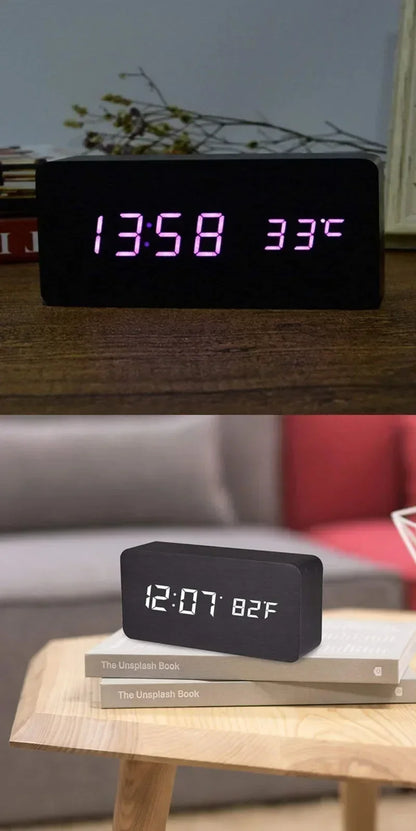 Digital Alarm Clock Wooden LED Table Clock with Temperature for Bedroom Office Travel Desk Decorations