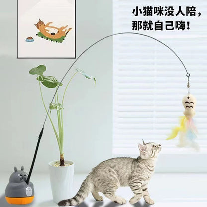 Rotating Base Cat Teaser Wand Long Steel Wire Feather Cat Toy Interactive Stress Relief Play Toy for Kitten Indoor Exercise
