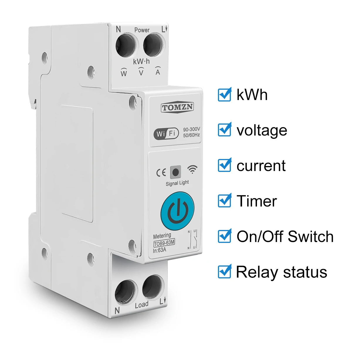 TOMZN 63A 1P+N WIFI Smart Switch Energy Meter kWh Metering Monitoring Timer Relay MCB TUYA Smartlife Voltage Current Protection