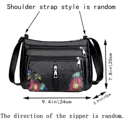 Women's Floral Embroidery Shoulder Bag Multi-zipper Casual Crossbody Bag Lightweight for Daily Shopping Dating Outing