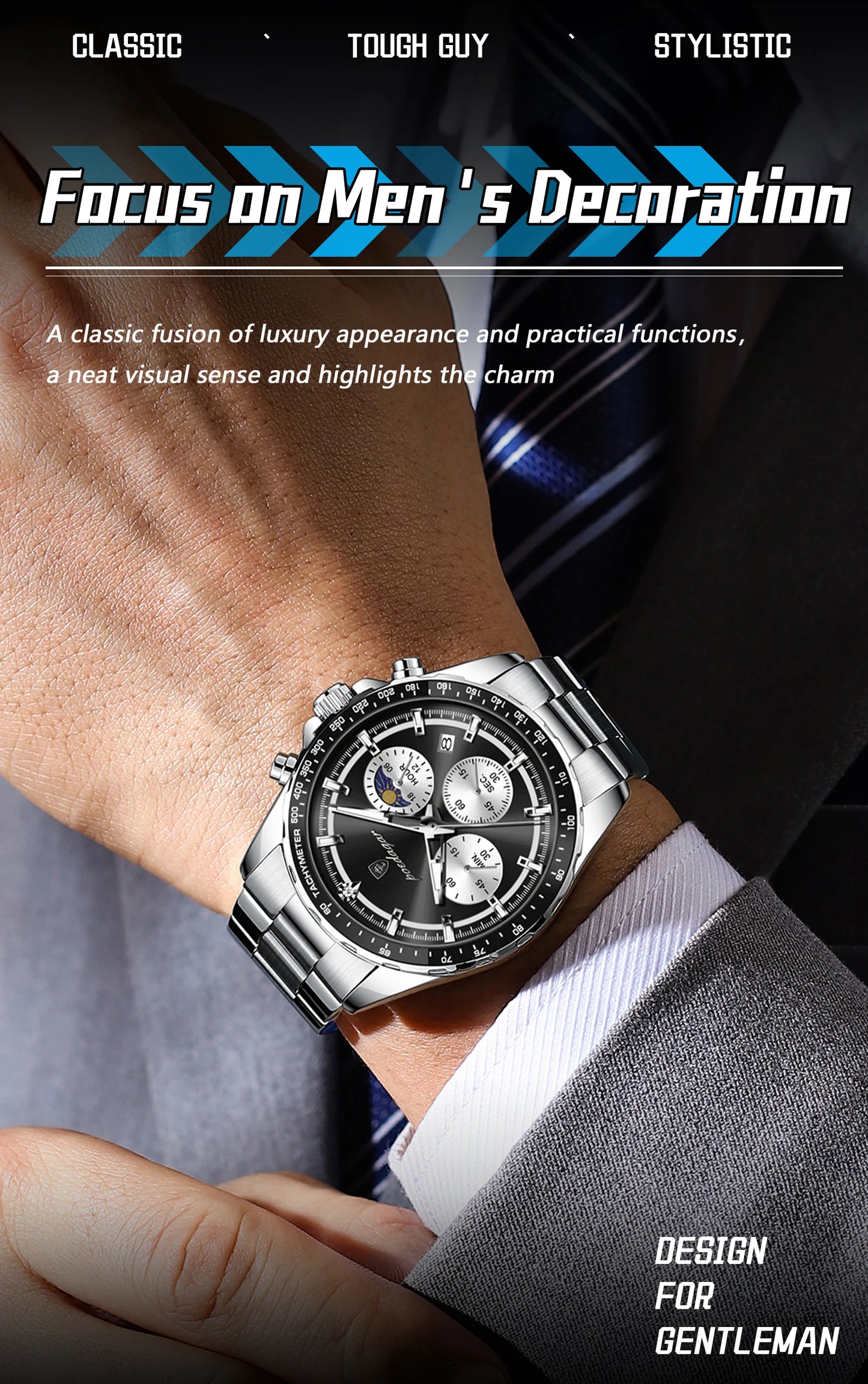 POEDAGAR Business Brand Man Wristwatch Waterproof Stainless Steel Luminous Men Watch Chronograph Date Men's Quartz Watches Reloj