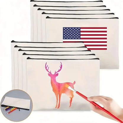 5pcs Blank Canvas Zipper Pouch Bulk, Makeup Bag Pencil Case For Cosmetic & DIY Crafts, Independence Day