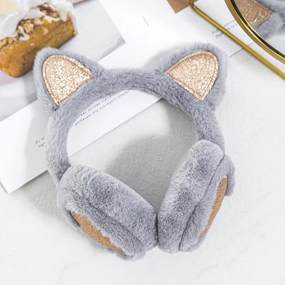Plush Winter Warm Ear Earmuffs Glitter Cat Ear Warmers Heart Fur Hang Ear Cover for Women Girl Earflap Cold Protection Ear Muffs