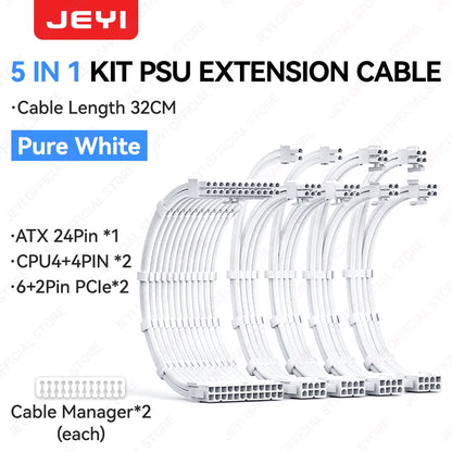 JEYI PSU Extension Cable Kit-24Pin ATX + 8Pin EPS + 6+2Pin PCIe,18AWG Sleeved with Combs,Fit Universal Case Compatibility