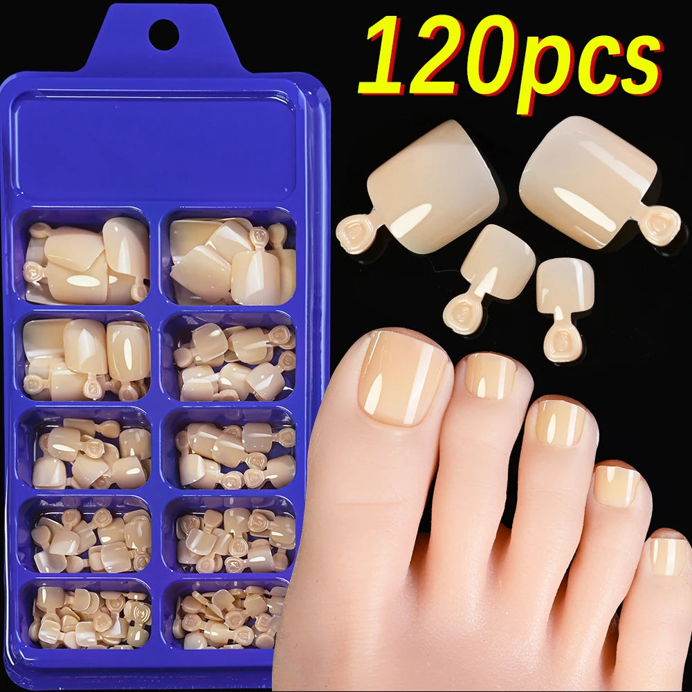 120Pcs 9-Colors French Fake Toenails Summer Short Sqaure Press On Toe Nails Tips Glossy Nude/Pink/Brown Full Cover False Toenail